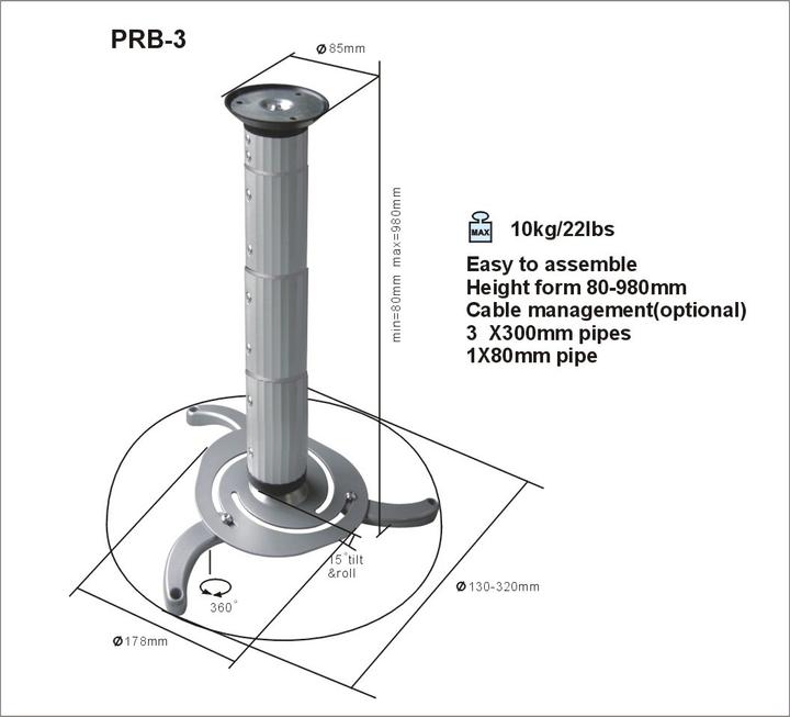Produktbild Deltaco ARM-405L - Zimmerdecke - 10 kg - Silber - 0 - 360° - -15 - 15° - 980 cm (Decke)