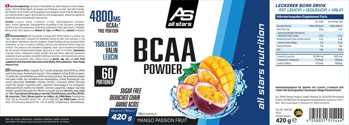 Nutritional values and ingredients All Stars BCAA Powder (Mango, Passion fruit, 1 pcs., 420 g)