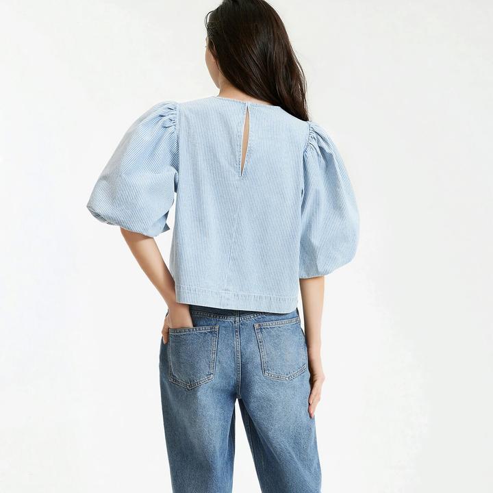 Immagine prodotto BlockX Kurze gestreifte Bluse mit 3/4 Puffärmeln (S)