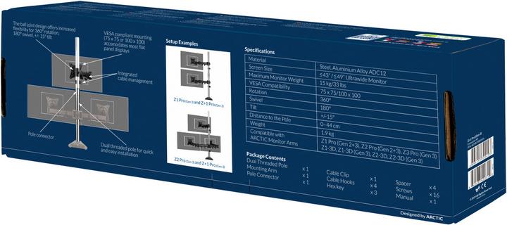 Actual product image Arctic Wall Mount Z+1 Pro Gen.3 Monitor Arm Extension (Table, 38", 15 kg)