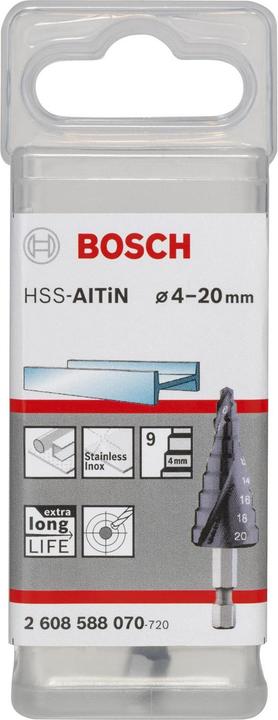 Produktbild Bosch Professional Zubehör Stufenbohrer HSS-AlTiN, 4 - 20 mm, 4 mm, 70,5 mm, 9 Stufen (4 - 20)