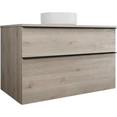 burgbad, Badmöbelset, Eqio Keramik-Aufsatzwaschtisch mittig, rund, inklusive Waschtischunterschrank, Breite 1000m