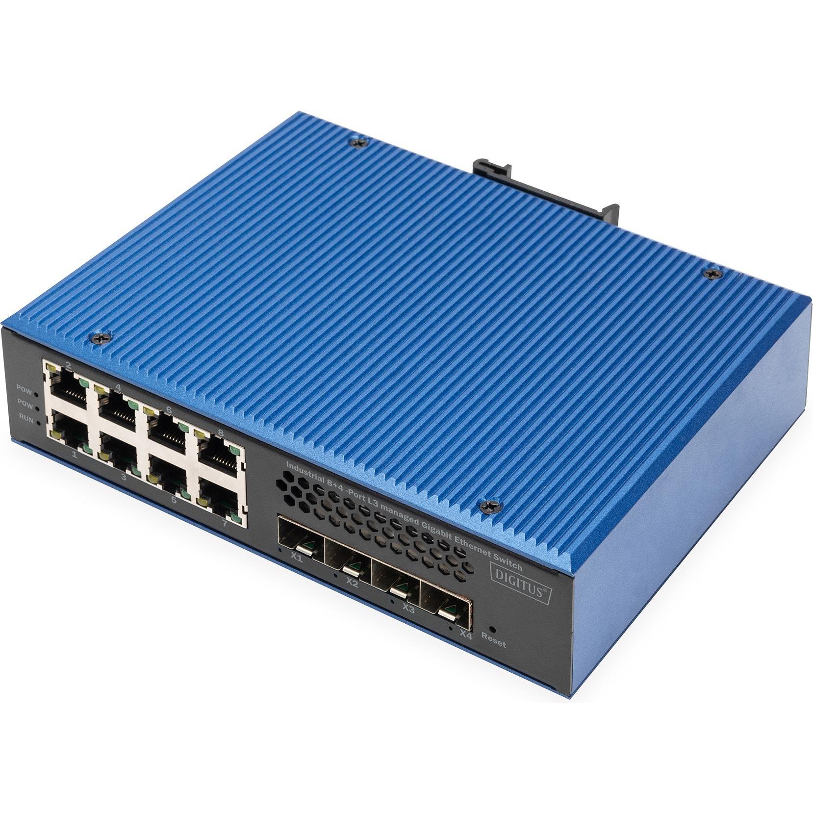 Digitus Industrial 8 + 4 10G Uplink Port L3 managed Gigabit Ethernet Switch (12 Ports), Netzwerk Switch, Schwarz