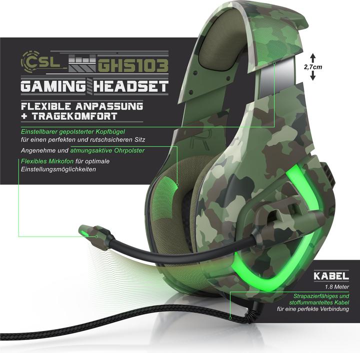 Produktbild CSL Gaming Headset, USB "GHS-103" Camouflage mit Mikrofon, Over-Ear Kopfhörer für PC, PS4 / 4 Pro, PS5 (Kabelgebunden)