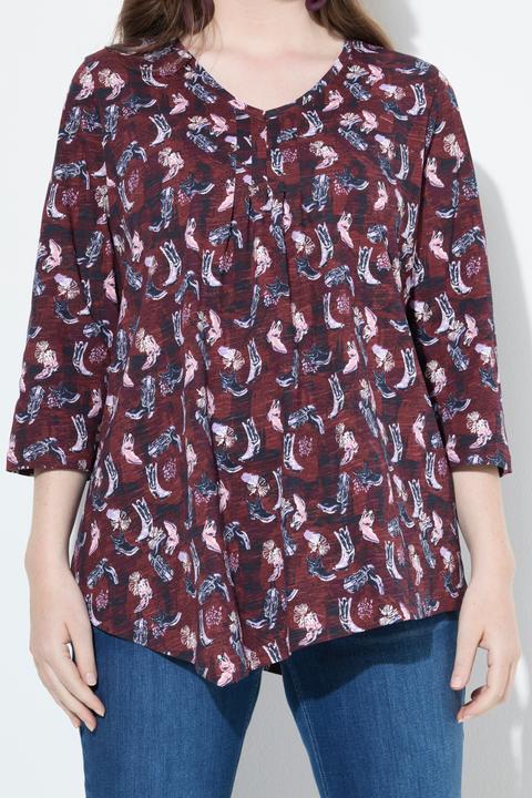 Image du produit Ulla Popken T-shirt à fleurs, plis fantaisie, décolleté en V et manches 3/4, coupe évasée (42, 44)