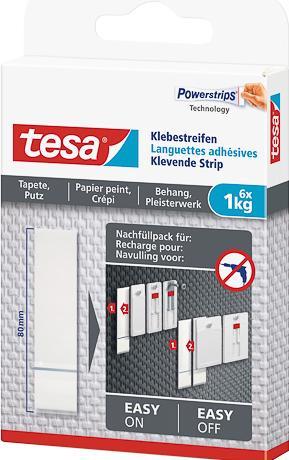 Produktbild tesa Powerstrips für Tapete & Putz, 1kg Halteleistung, 6x doppelseitige Klebestreifen