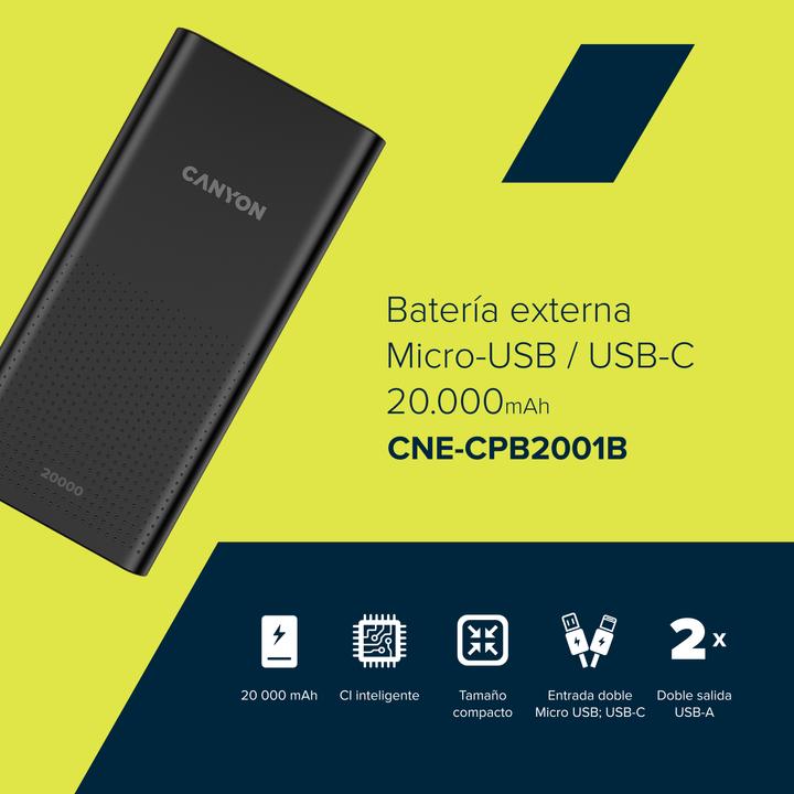 Produktbild Canyon PB-2001 Power bank 20000mAh Li-poly battery Input 5 (20000 mAh, 20 W, 74 Wh)
