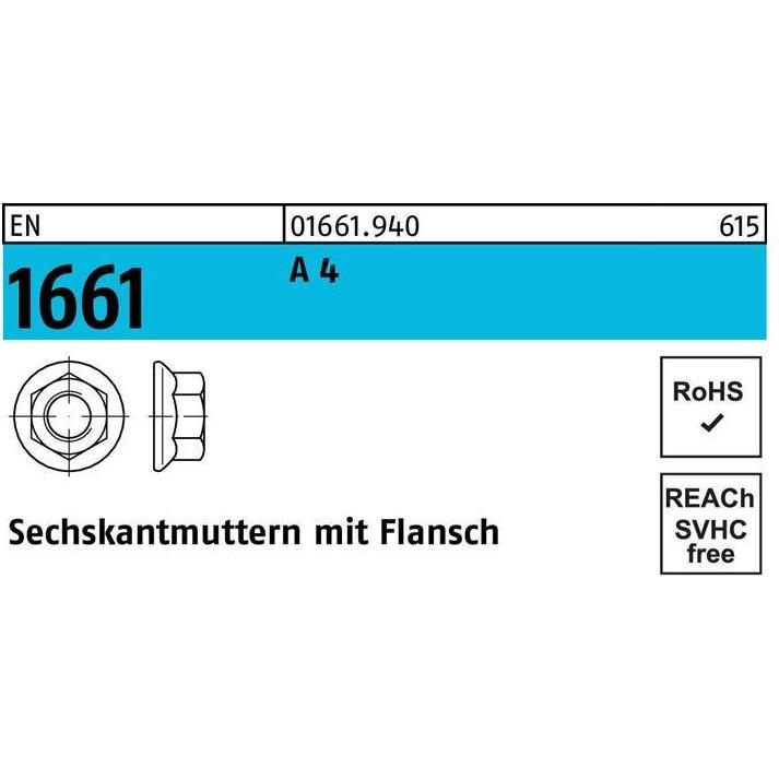 Muttern + Unterlegscheiben, Sechskantmutter EN 1661 m.Flansch M 12 A 4 (M12)