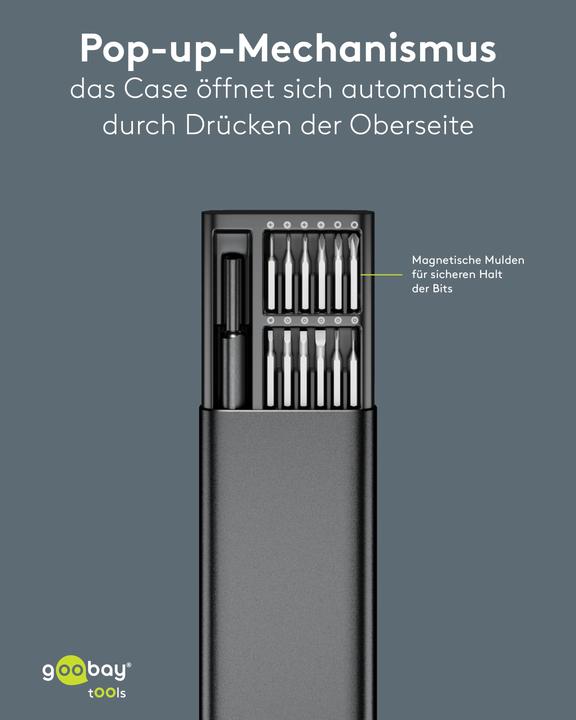 Produktbild Goobay Schraubendreher-Set mit 24-tlg. Präzisions-Bitsatz (Innensechsrund, Kreuzschlitz, Spanner, Tri-Wing)