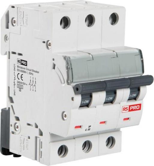 Actual product image RS PRO MCB miniature circuit-breaker type C, 3-pole 10A 240V, breaking capacity 10 kA DIN rail mounting
