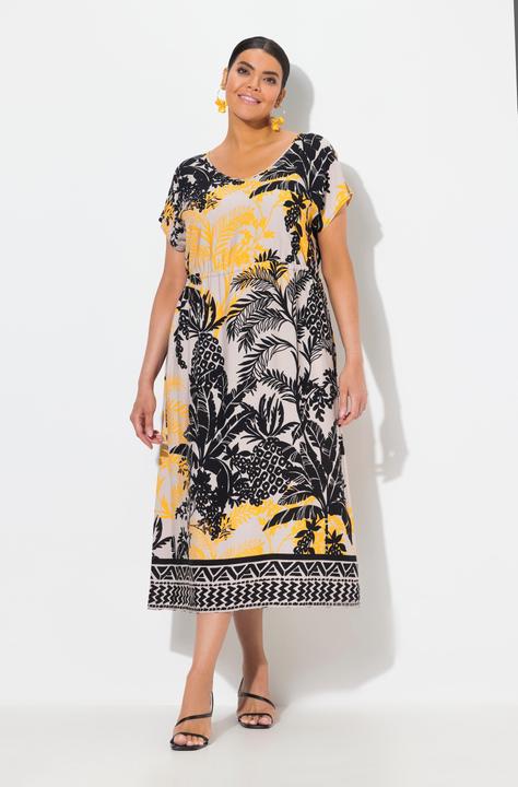 Produktbild Ulla Popken Maxikleid, Palmen, V-Ausschnitt, Tunnelzug, ärmellos (60)