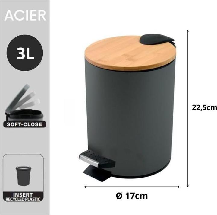 Actual product image spirella Adonis Abfalleimer 3l Anthrazit Dunkelgrau - Stahl/Bambus (3 l)