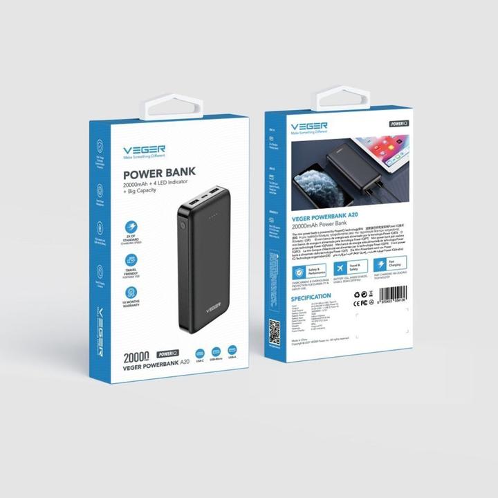 Actual product image 4Kom Power bank Veger VEGER powerbank 20000 mAh 2A A20 (W2015) black (20000 mAh, 74 Wh)