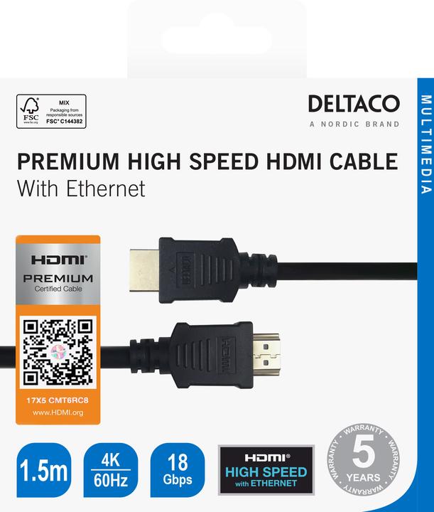 Actual product image Deltaco Premium High Speed HDMI cable, 1.5m, black (1.50 m, HDMI, 2.0)