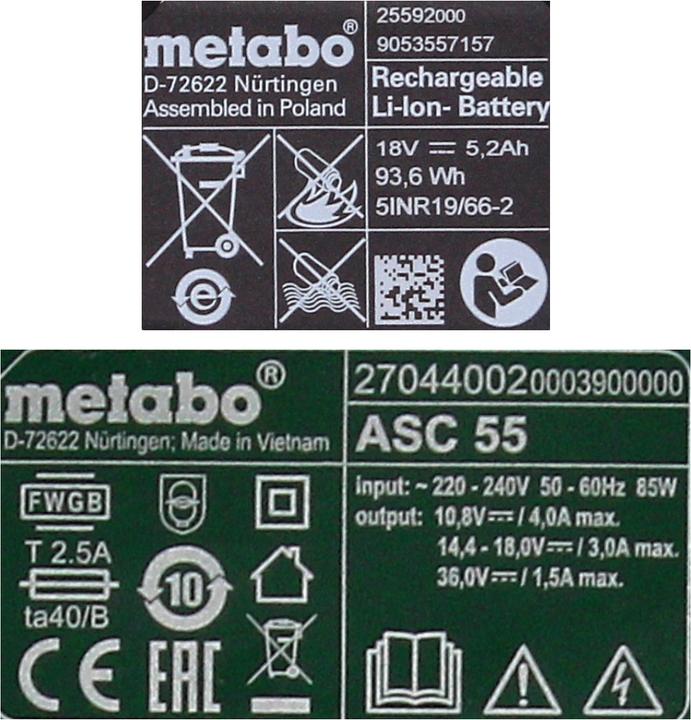 Actual product image Metabo Battery base set 18V with 1x battery 5,2Ah ( 625592000 ) + charger ASC 55 ( 627044000 ) (18 V)