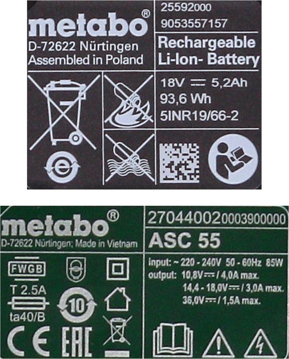 Produktbild Metabo Akku Basis Set 18V mit 2x Akku 5,2Ah ( 625592000 ) + Ladegerät ASC 55 ( 627044000 ) (18 V)