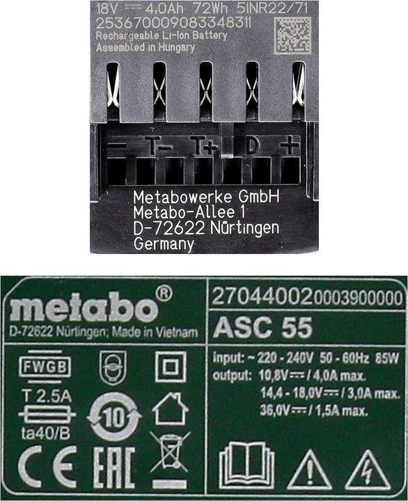 Actual product image Metabo Battery base set 18V with 1x battery LiHD 4,0Ah ( 625367000 ) + charger ASC 55 ( 627044000 ) Folg (18 V)