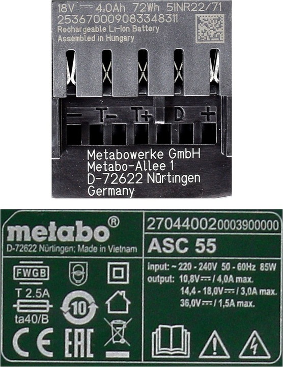 Actual product image Metabo Battery base set 18V with 2x battery LiHD 4,0Ah ( 625367000 ) + charger ASC 55 ( 627044000 ) Folg (18 V)
