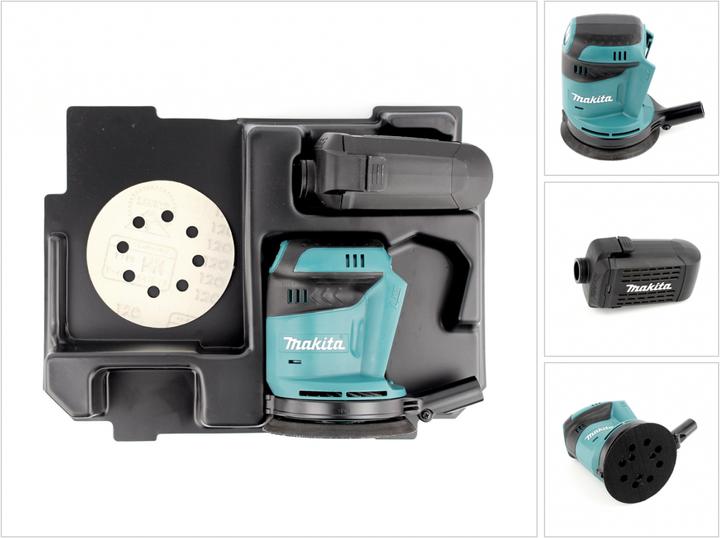 1x dust collection attachment, 1x sandpaper, 1x suitable insert for Makpac, 1x Makita DBO 180 cordless random orbital sander
