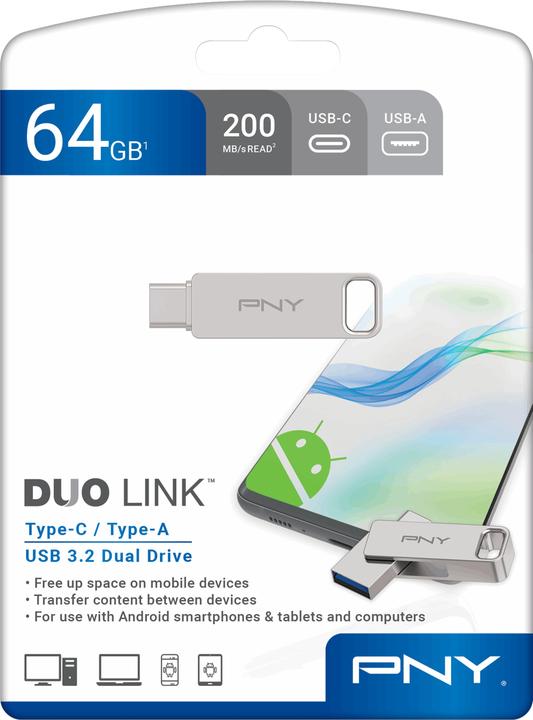 Produktbild PNY DUO LINK USB flash drive USB Type-A / USB Type-C 3.2 Gen 1 (3.1 Gen 1) Stainless steel (64 GB, USB-C)