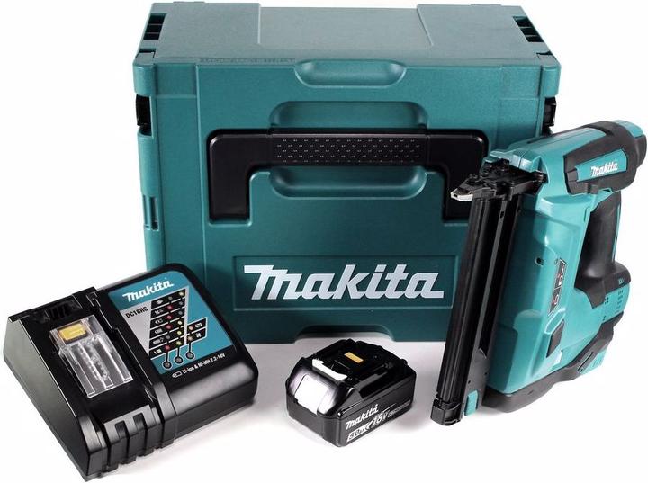 1x Makita DBN 500 cordless upright nailer, 1 x BL 1850 B battery with 5 Ah - 18 V, 1x Makita DC 18 RC 7.2 - 18 V battery quick charger for Li-Ion battery (195584-2), 1x Makita Makpac, 1x universal inlay
