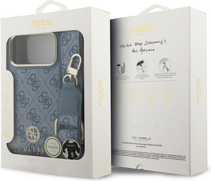 Produktbild Guess 4G Strass Logo & Big Strap Metal Buttons MagSafe case for iPhone 17 Pro Max blue (Apple iPhone 17 Pro Max)