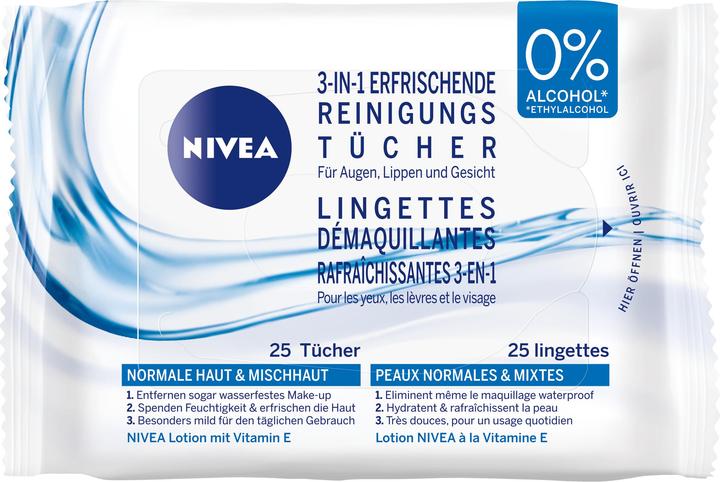 Produktbild NIVEA 3in1 Erfrischende Reinigungstücher (Reinigungstücher, 25000 ml)
