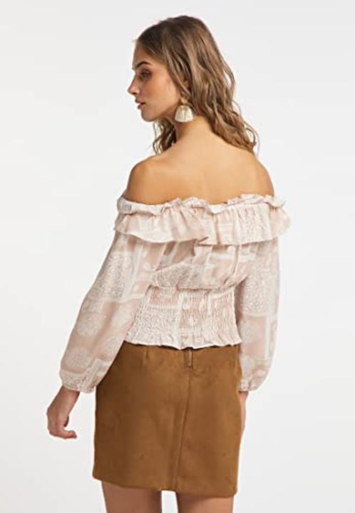 Actual product image Izia Carmenblouse with Ethnic Print, Soft Viscose, Smocked Hem, Neckline Ruffle, Elastic Cuffs (S)
