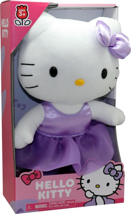 Actual product image Giochi Preziosi Hello Kitty Soft Plush Toy 30 cm High with Fashionable Outfit, Purple Satin Dress an (30 cm)