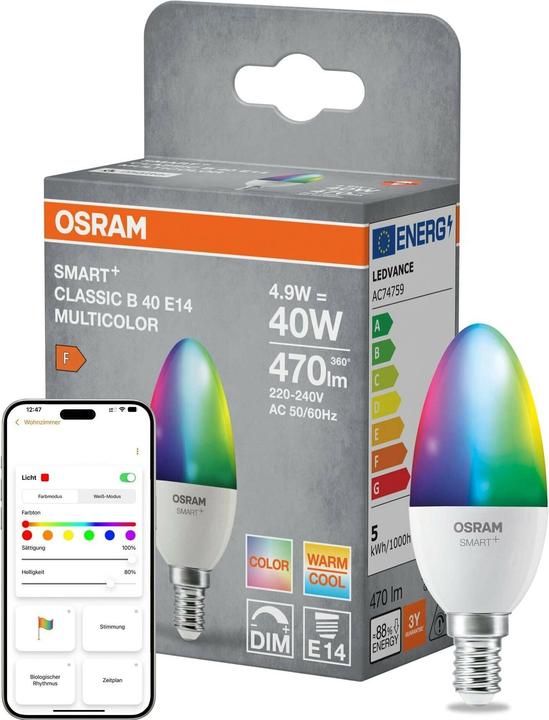 Produktbild Osram SMART+ MATTER CLASSIC shapes Multicolor 4.9W 827...865 Multicolor E14 SINGLE PACK (E14, 470 lm, 1x)