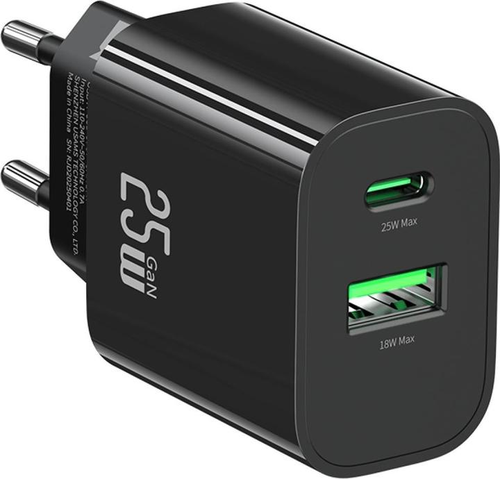 Actual product image Usams Wall Charger CC315 T65 25W 1xUSB-C 1xUSB-A Fast Charging black (25 W, 2 ports)