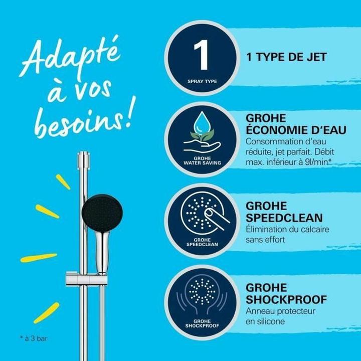 Actual product image Grohe Vitalio Start 110 QuickFix shower rail set, glue or drill, length 900mm, water-saving, 1 shower head