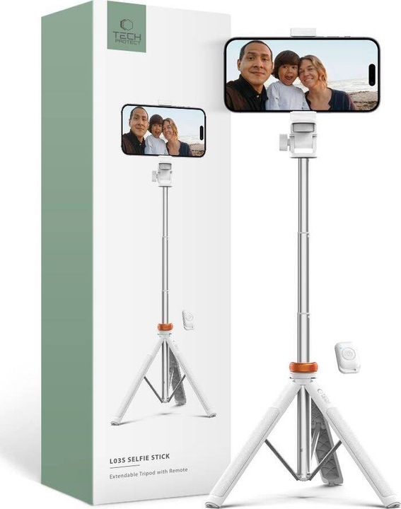 Actual product image Tech-Protect L03S Bluetooth selfie stick with remote control, tripod up to 148cm and 180 head - whit
