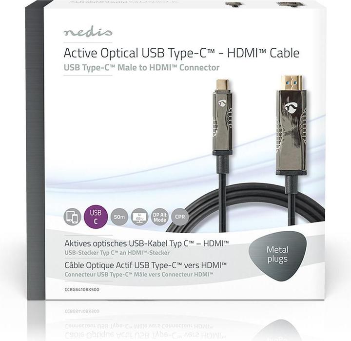 Actual product image Nedis Optical USB cable (active) USB-CT plug HDMIT plug 18 Gbps 50.0 m round PVC Black Carto (50 m, USB Type C)