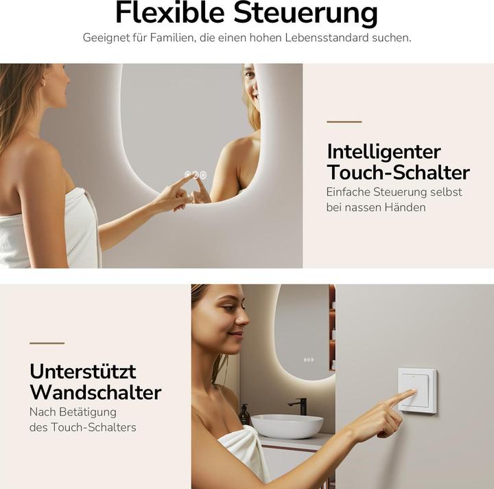 Actual product image Emke Asymmetrischer Badspiegel 65 x 45 cm mit Beleuchtung, dimmbar, 3 Lichtfarben, Touch-Schalter, beschl