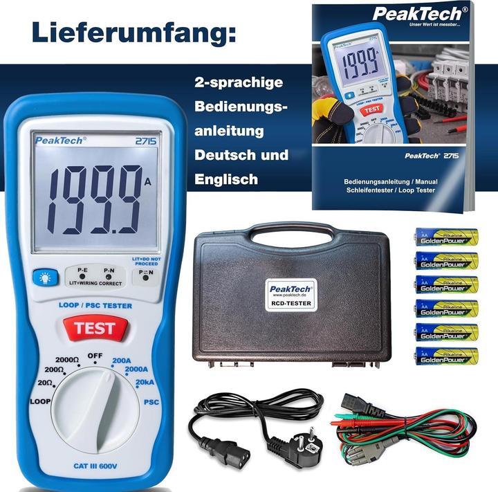 Immagine prodotto Peaktech P 2715 Misuratore digitale di corrente di loop LOOP/PSC (CAT III 600V)