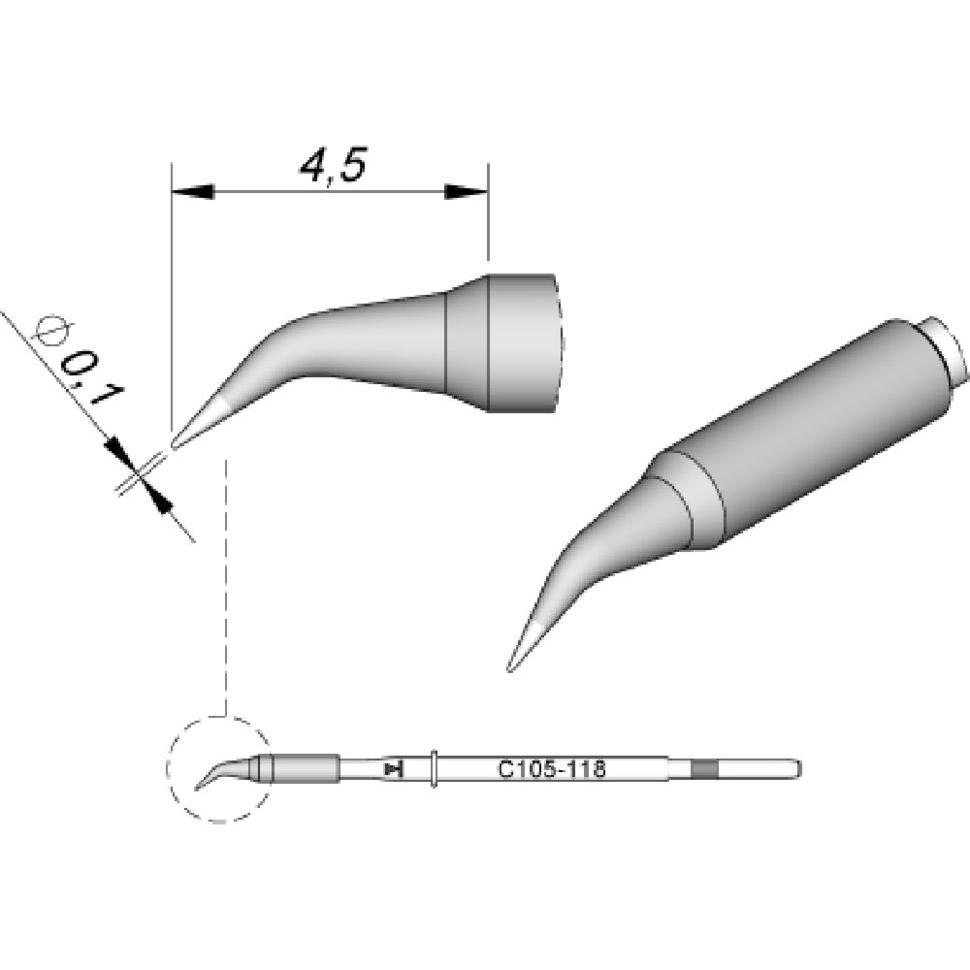 JBC Lötspitze Serie C105, Rundform, C105118/Ø 0,1 mm, gebogen (Lötspitze), Lötgerät Zubehör