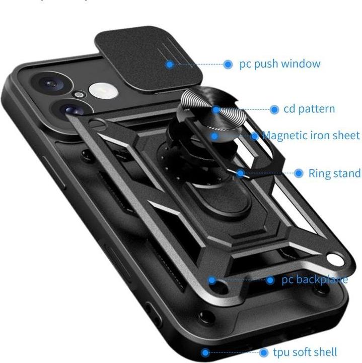 Actual product image Hurtel Hybrid Armor Camshield iPhone 16 Plus Armoured Case with Camera Cover and Stand - Black (Apple iPhone 16 Plus)