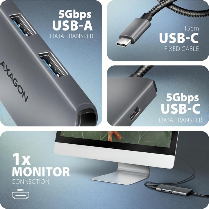 Actual product image Axagon HMC-5H8K 2x USB-A, 1x USB-C, 8K HDMI, USB 3.2 Gen 1 hub, PD 100W, 15cm USB-C cable (USB-C, 5 ports)