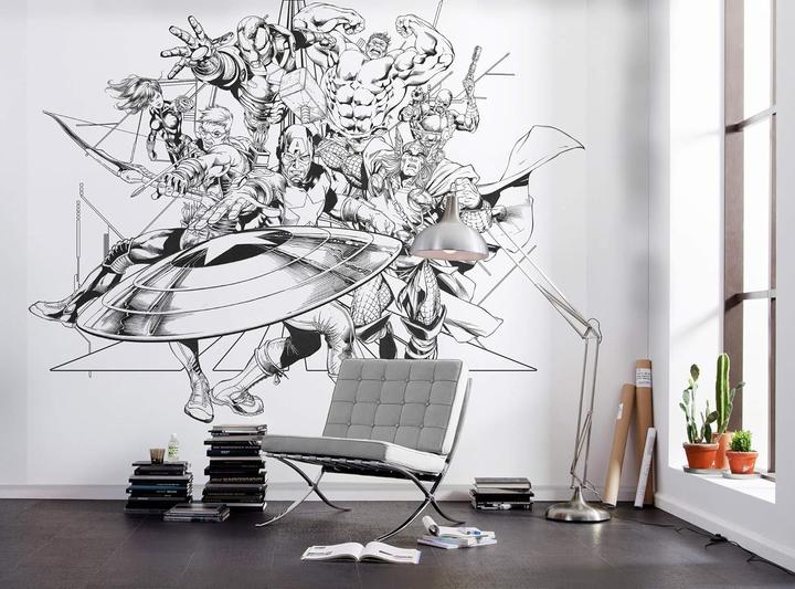 Actual product image Komar Non-woven Into Adventure Avengers Black and White 6-panel wallpaper 300 x 280 cm (300 x 280 cm)