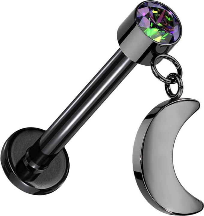 Produktbild Star Piercing Micro Threadless Labret schwarz Zylinder schwarz Kristall dunkel multicolor Anhänger Mond schwarz (ohne Messing, Titan)