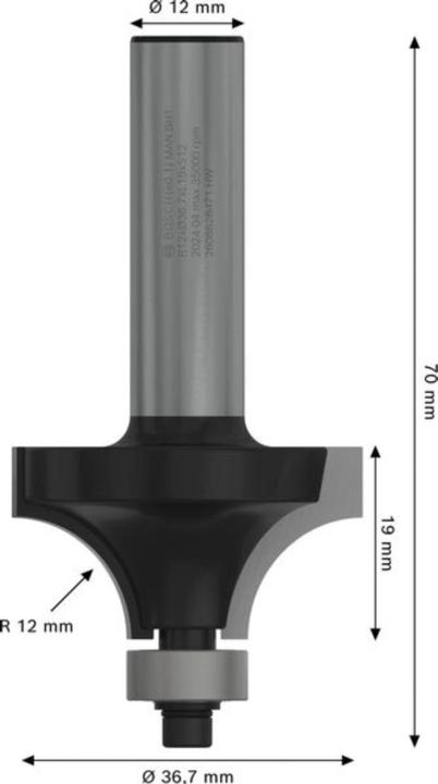Produktbild Bosch Professional Zubehör Abrundfräser, 12 mm, R1 12 mm, L 19 mm, G 70 mm