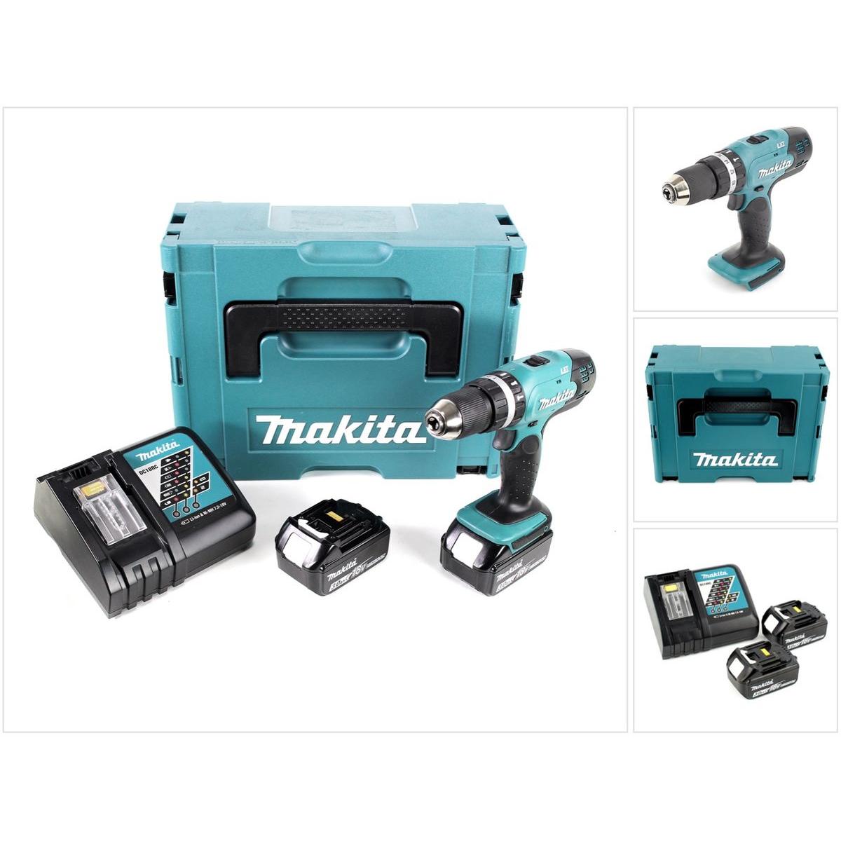 Makita, Bohrmaschine + Akkuschrauber, DHP 453 RFJ Akku Schlagbohrschrauber 18V 42Nm + 2x Akku 3,0Ah + Ladegerät + Makpac...