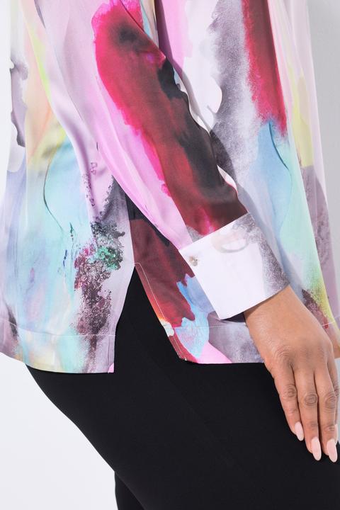 Immagine prodotto Ulla Popken Tunica di seta con design effetto acquarello, scollo a V e maniche lunghe (50, 52)