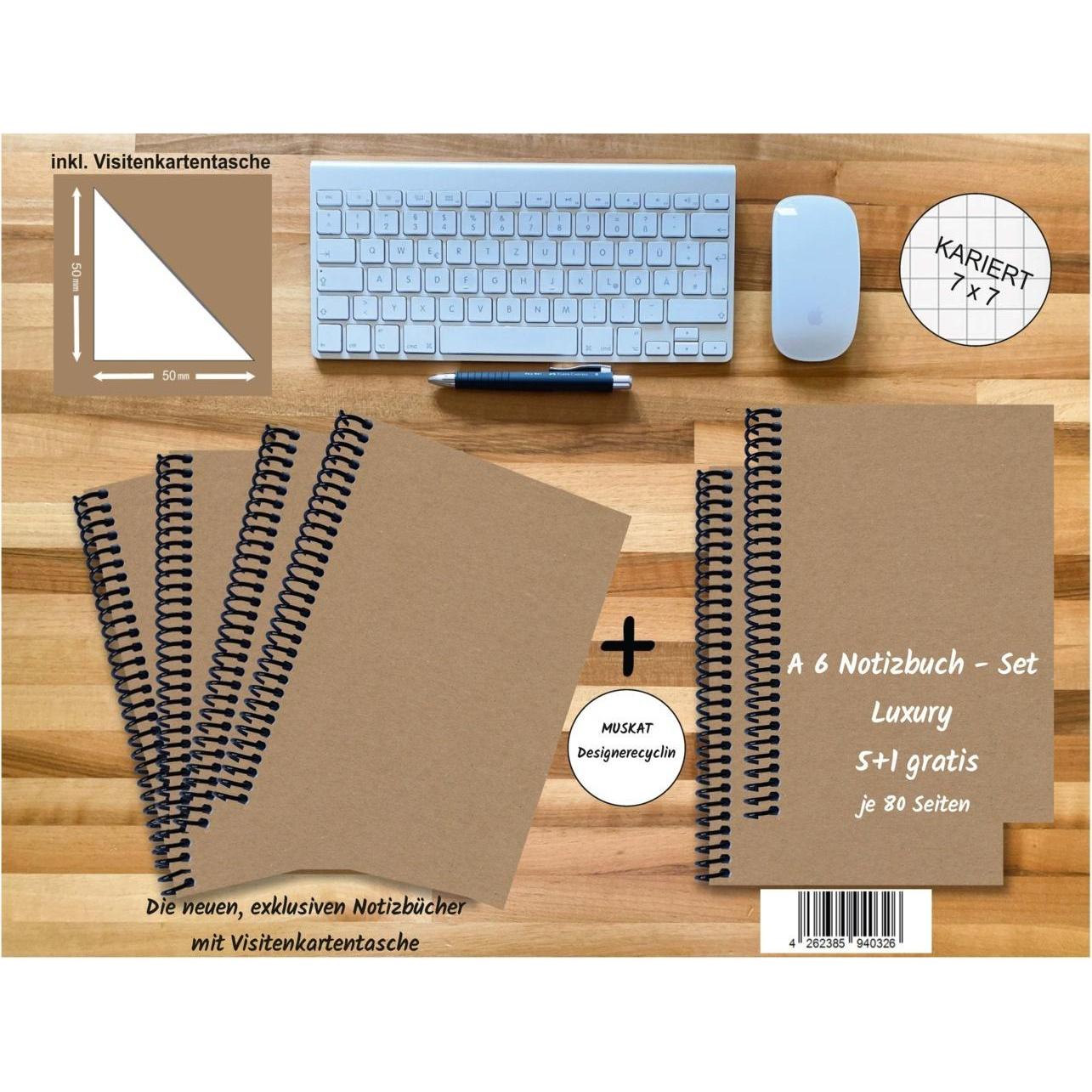 E & Z, Heft + Block, A 6 Notizbuch - Set, 4+2 gratis, Luxury 80 Seiten MUSKAT Designerecycling, kariert 7x7mm (A6, Karie...