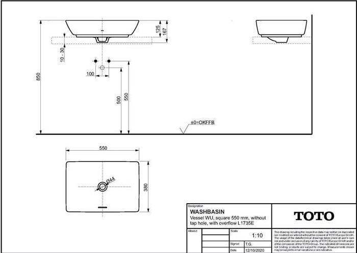 Actual product image TOTO WU Countertop washbasin 550mm o tap hole with overflow angular white (380 mm, 550 mm)
