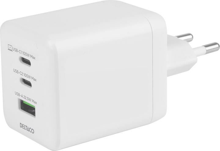 Actual product image Deltaco USB GaN wall charger 100 W, 1x USB-A, 2x USB-C, PPS, white (100 W, 3 ports)