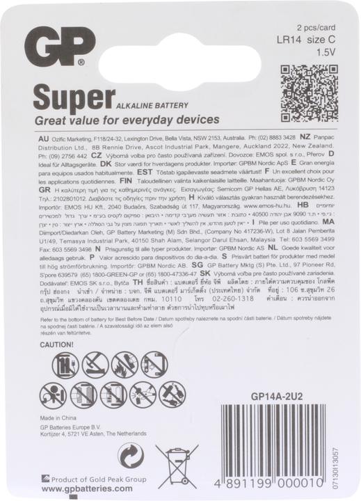 Produktbild GP Batteries 1x2 Super Alkaline 1,5V C Baby LR14 (2 Stk., C, 1400 mAh)