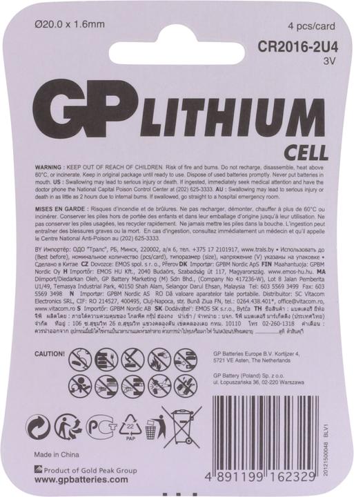 Produktbild GP Batteries Lithium CR2016 (4 Stk., CR2016, 90 mAh)