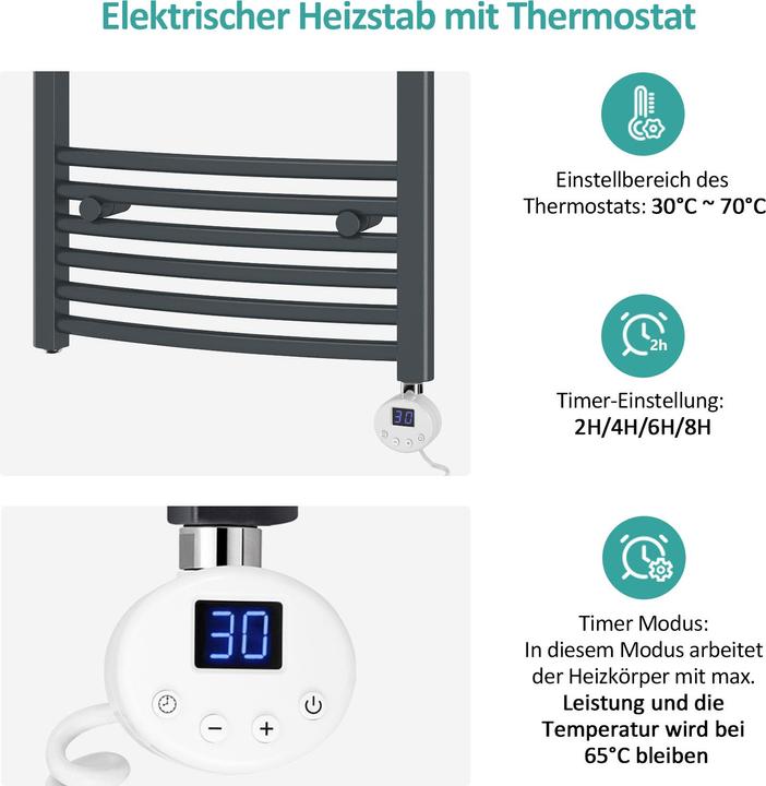 Produktbild Emke Elektrischer Badheizkörper, Badheizung Elektrisch, Anthrazit 100x40cm 300W